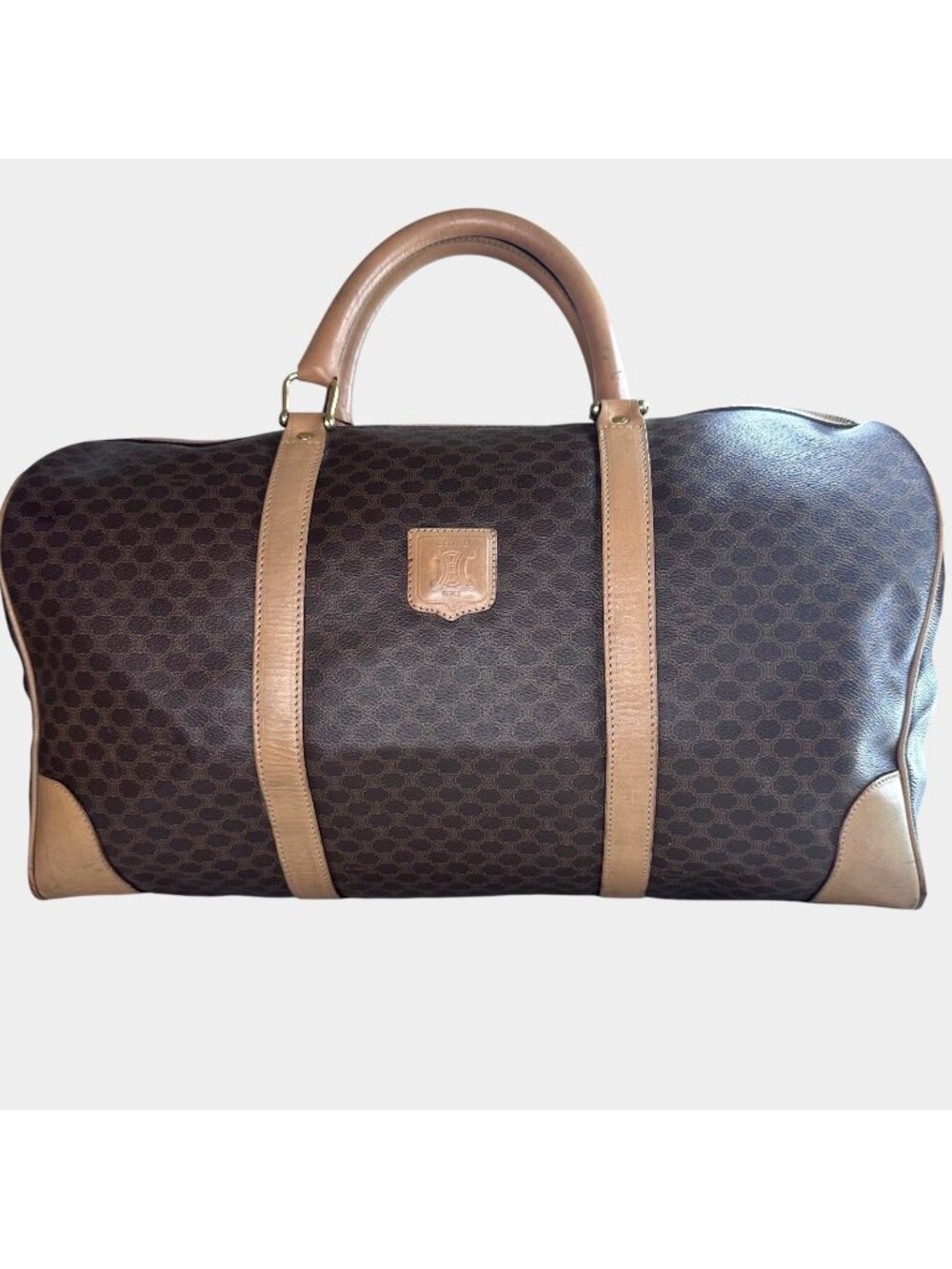 Celine VTG Boston Macadam Weekend Duffel Travel Bag Coated Canvas Brown Leather